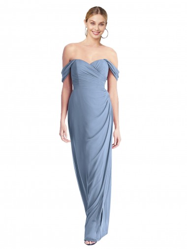 Shop Full Length Draped Off the Shoulder Maxi Bridesmaid Dress with Shirred Streamer Perth