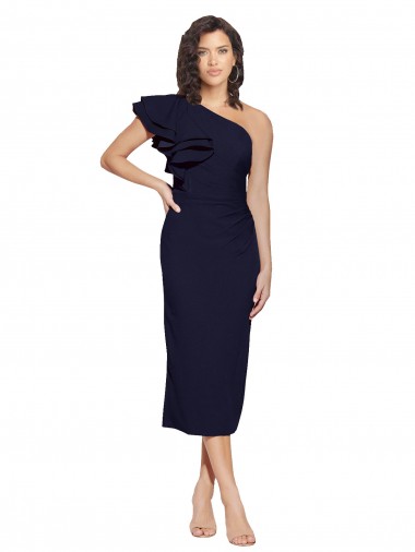 Shop Ruched Midi Length Short Cocktail Formal Crepe Bridesmaid Dress / Prom Dress with Shoulder Ruffles Perth