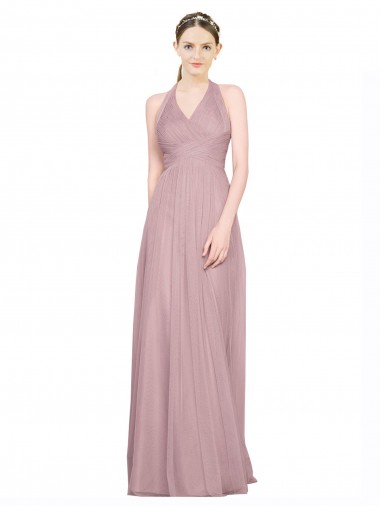 Shop Ruffled Halter V-Neck Long Tulle Bridesmaid Dress with Pleats Perth