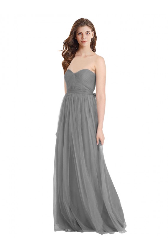 Shirred Strapless Bodice Long Tulle Bridesmaid Dress with Sweetheart Neckline