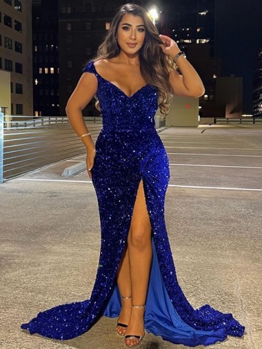 Shop V-Neck Sleeveless Long Sweep Train Velvet Sequin Prom Dress with Slit Perth