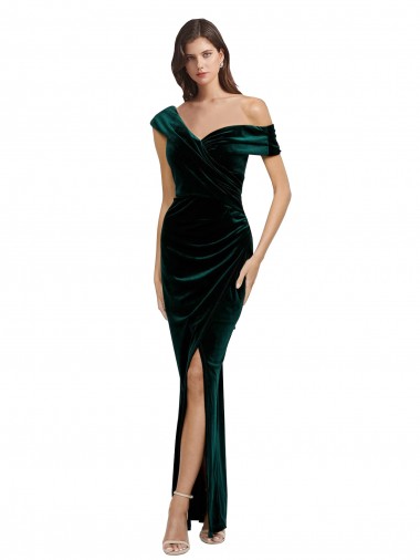 Shop Long Asymmetric Neckline Ruched Formal Velvet Bridesmaid Dress / Prom Dress Perth